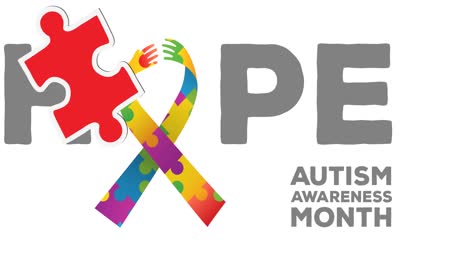 animación de piezas de rompecabezas rojas y amarillas sobre el texto del mes de concienciación sobre el autismo sobre fondo blanco