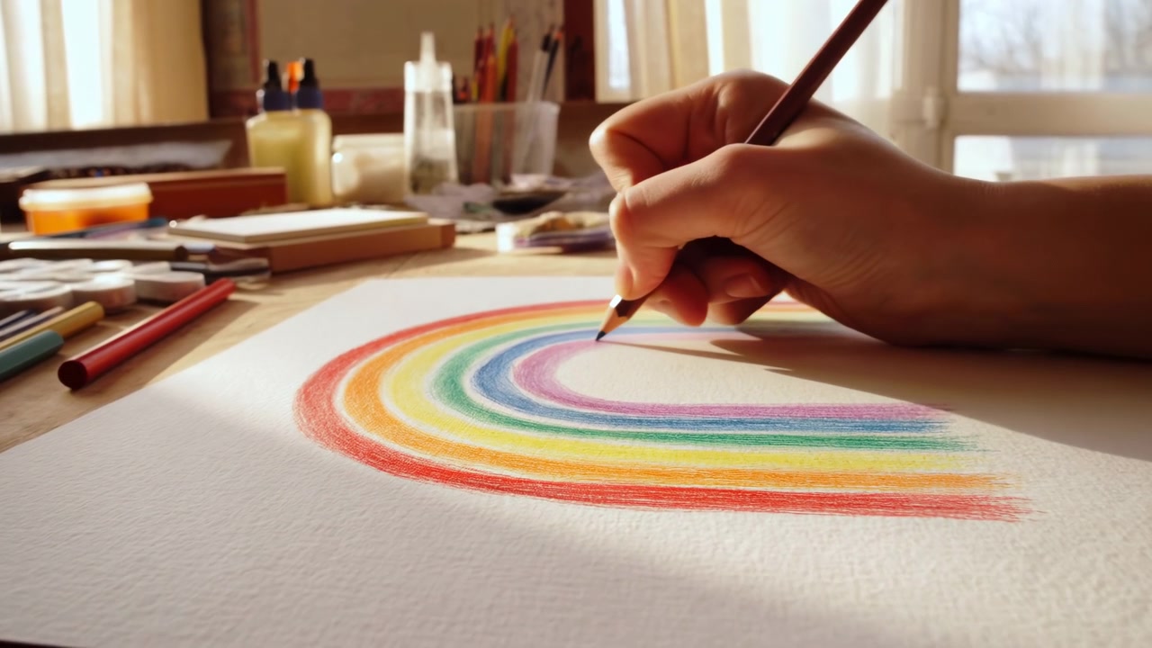 Right hand holding colored pencil shading inner blue-violet band of concentric rainbow arcs on textured watercolor paper, pencil tip clearly contacting paper and leaving dense pigment