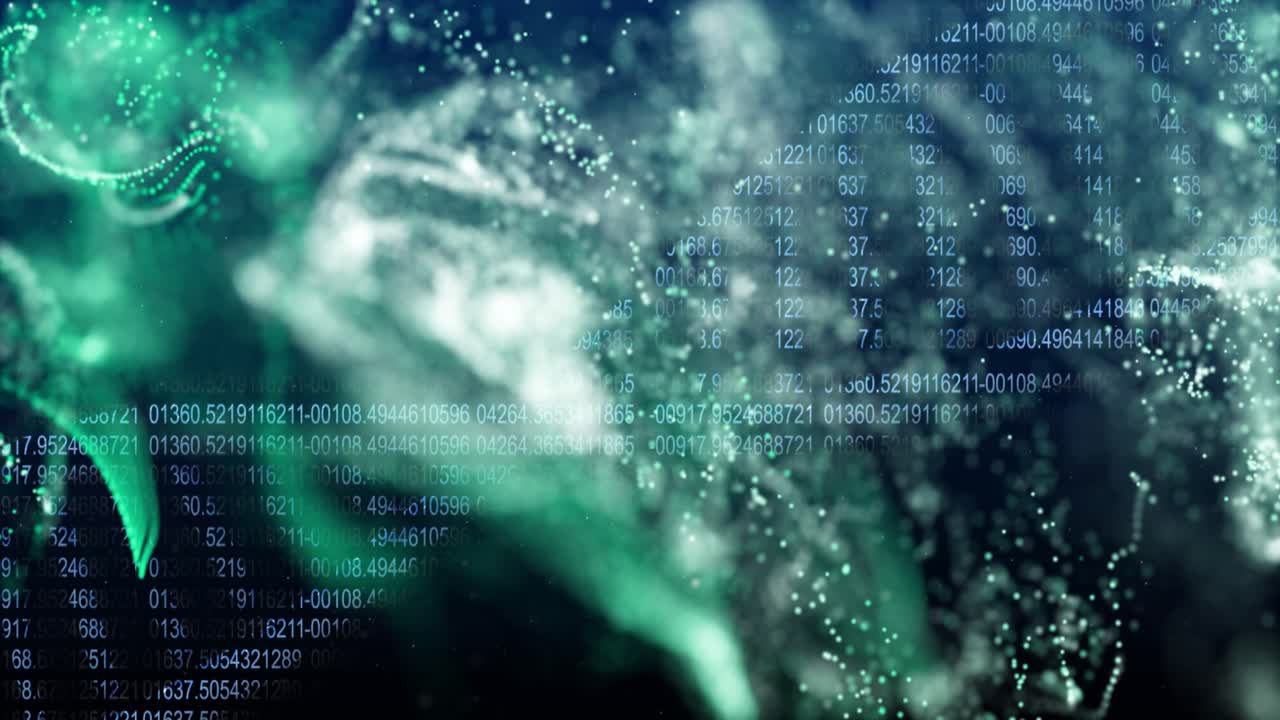 Dense left cluster appearing, particle-data cloud drifting right, revealing numeric matrix and flow