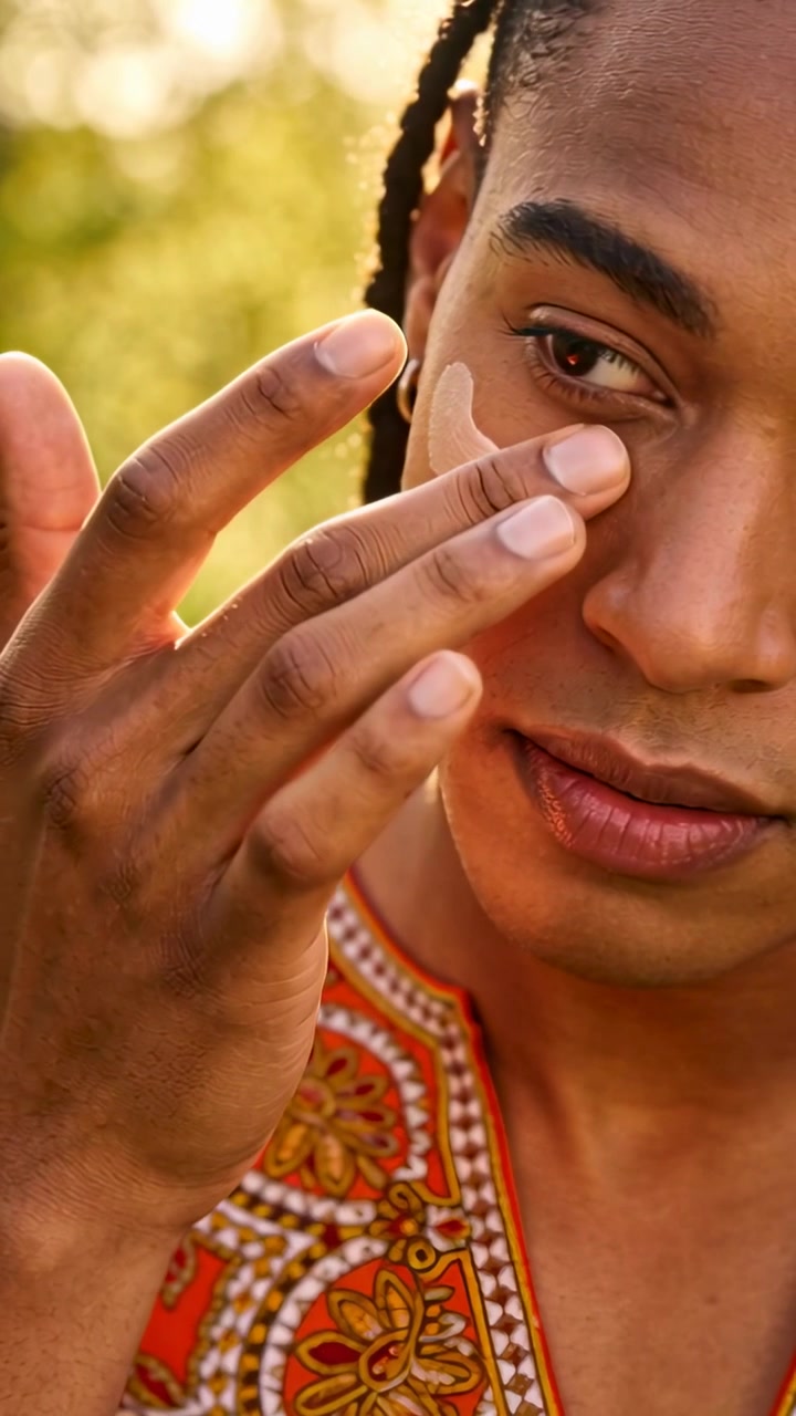 Vertical video: Rubbing fingers after crescent, man applying sunscreen under eye in park orange top