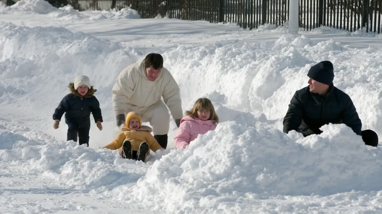 A Joyful Winter Adventure: Families Playing in Deep Snow, Childrens' Laughter Echoing in a Winter Wonderland with Snowmen and Snowballs