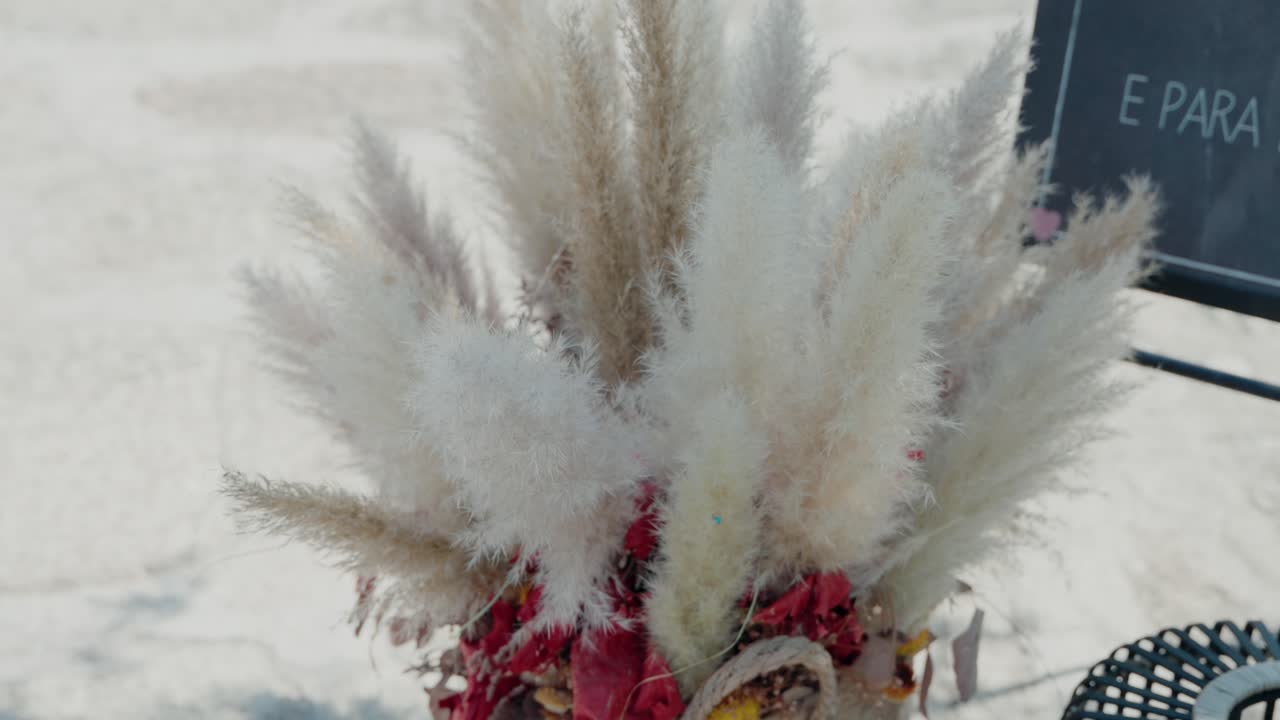 primer plano de un arreglo de hierba de pampas decorativa en un entorno rústico al aire libre