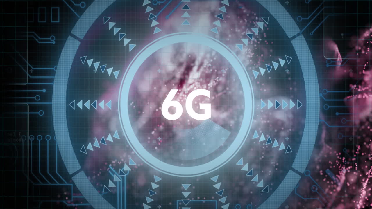 animación de texto de 6g sobre el reloj en una onda en movimiento brillante