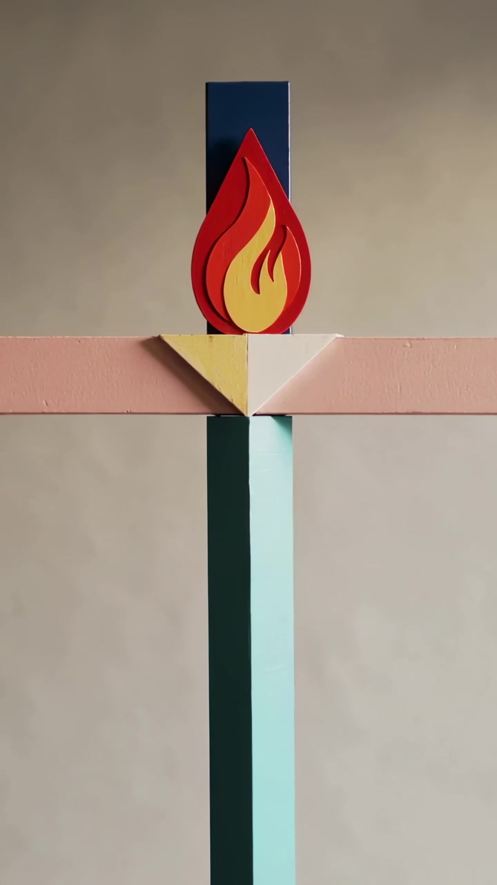 Video verticale: Un cambio di luce fa sì che un blocco triangolare a barra verticale color verde acqua proietti un'ombra su una parete beige, fiamma.