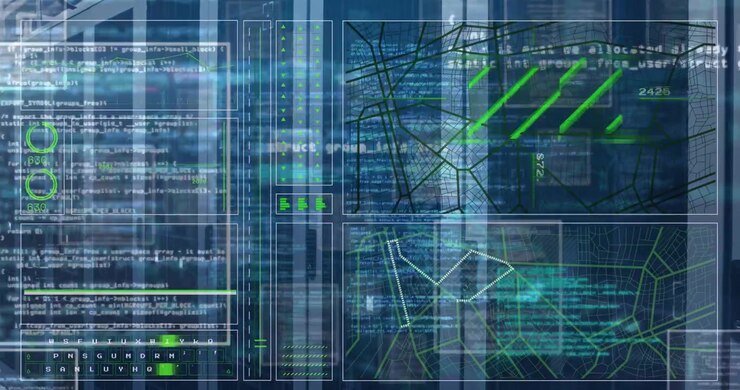 Animation of programming language and abstract pattern over server room