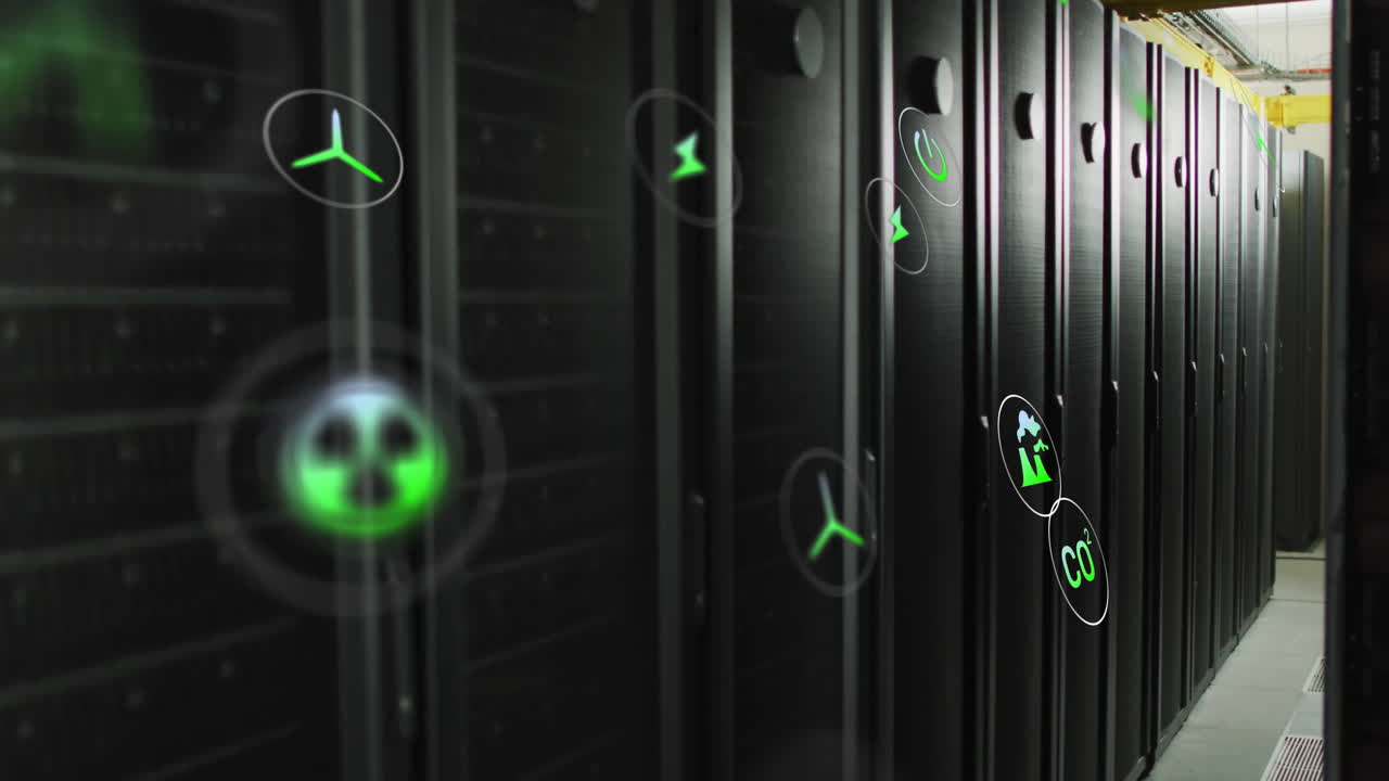 animación de iconos ecológicos y procesamiento de datos a través de servidores informáticos.