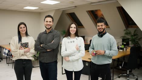 smiling professional diverse corporate office business team members group look at camera