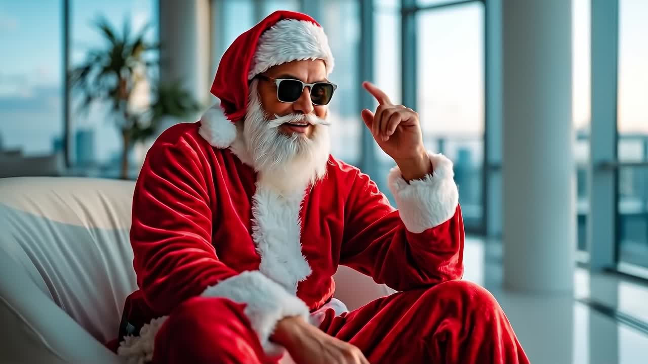 A man dressed as Santa Claus sitting on a chair in a room