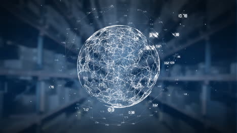 digital animation of globe of network of connections spinning against warehouse