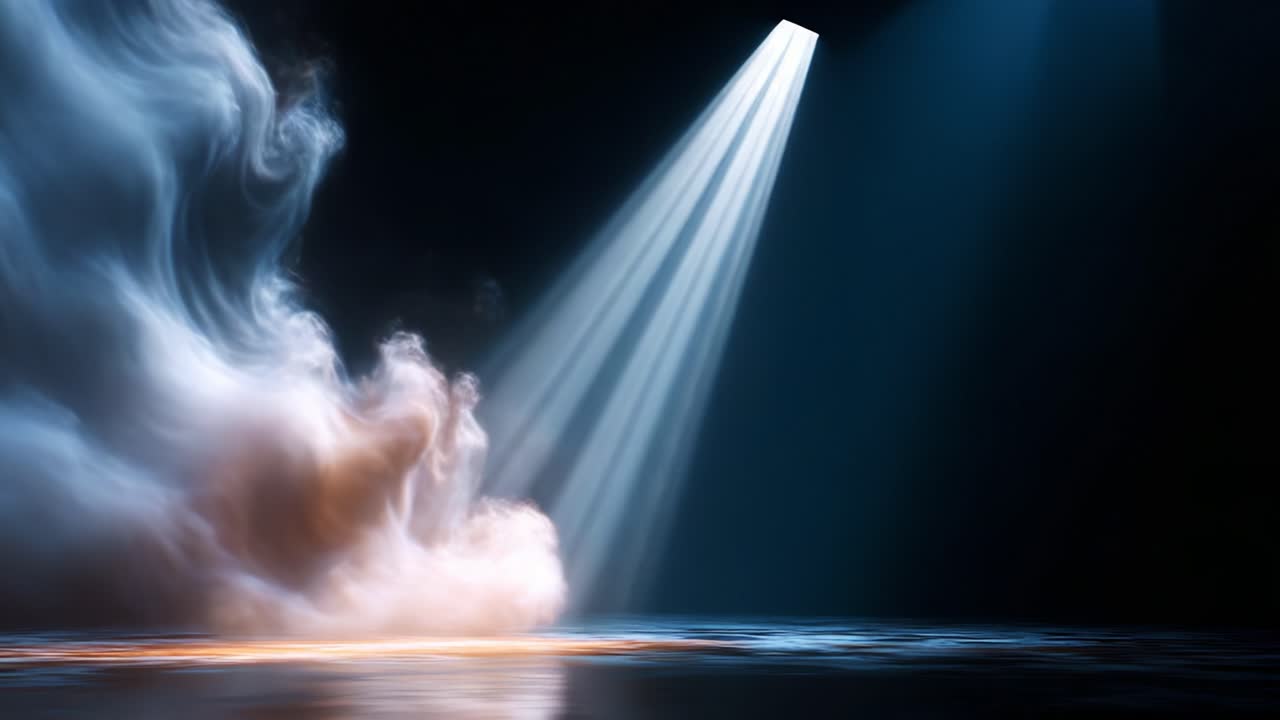 A mesmerizing display of ethereal light beams piercing through swirling wisps of smoke, creating an enchanting atmosphere of mystery and depth in a darkened space