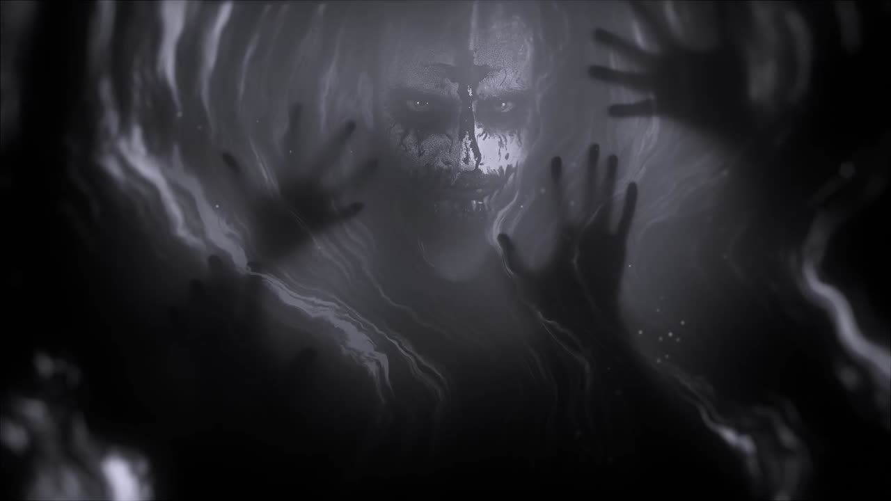 Eerie Ghostly Face and Hands Emerging from Darkness
