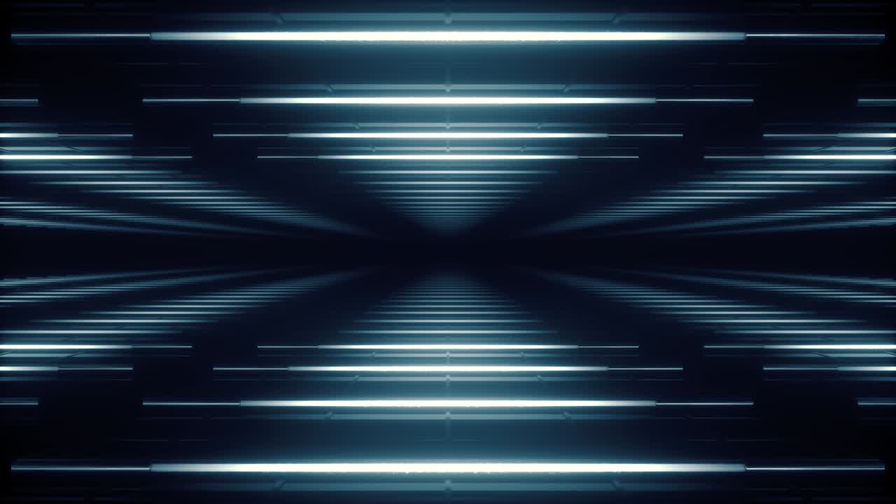abstracto azul blanco fondo futurista. espacio de brillantes tubos de luz de neón triángulo de astera en fondo negro. tecnología, vj concepto. lámpara led. vista horizontal. bucle sin costuras animación 3d 4k