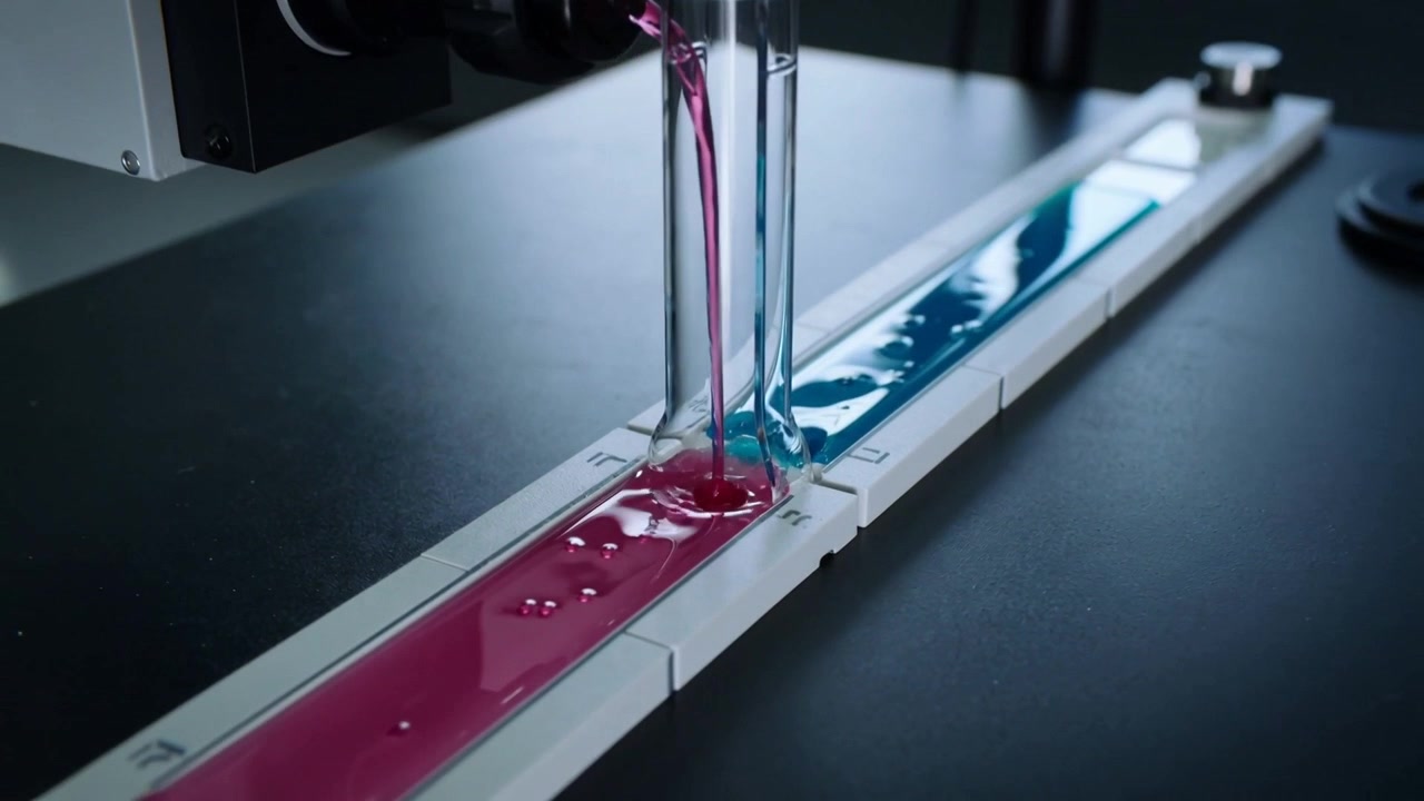 Activating pumps, dual dispensing head pouring pink and blue fluids, filling channel lanes on bench