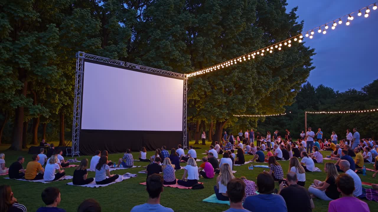 Ripresa grandangolare di una serata cinema all'aperto con un grande schermo e lucine a catena.