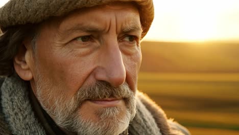 close-up portrait of an old man with a beard looking at the sunset