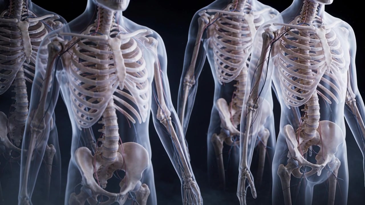 Sliding camera revealing translucent model shifting right in dark studio, emphasizing skeleton