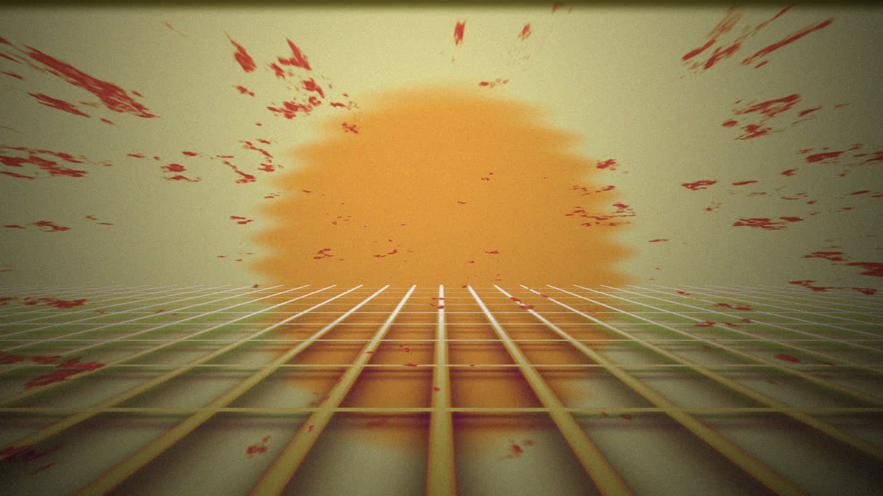 el sol en la nube naranja de partículas retroondas perspectiva cuadrícula cibernética de fondo, gráfico futurista visual