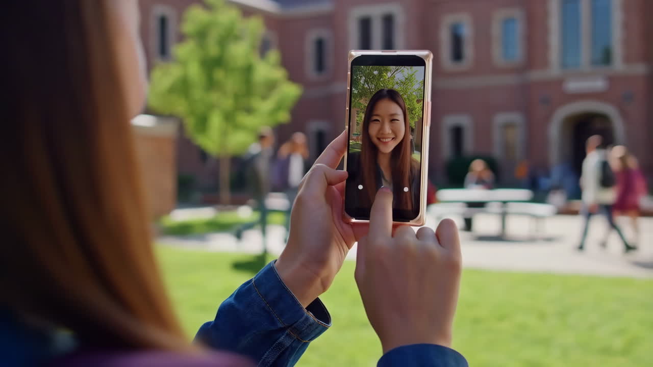 Person making a video call on a smartphone on a college campus