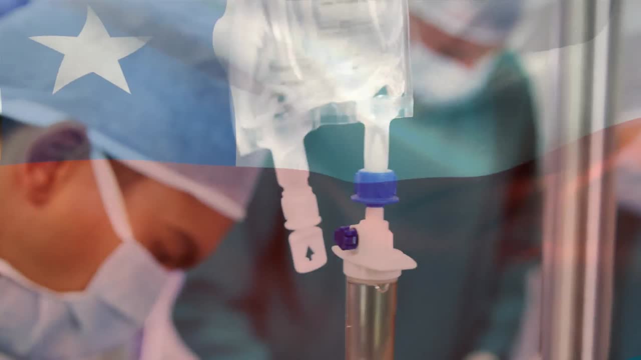 Animation of flag of chile waving over surgeons in operating theatre
