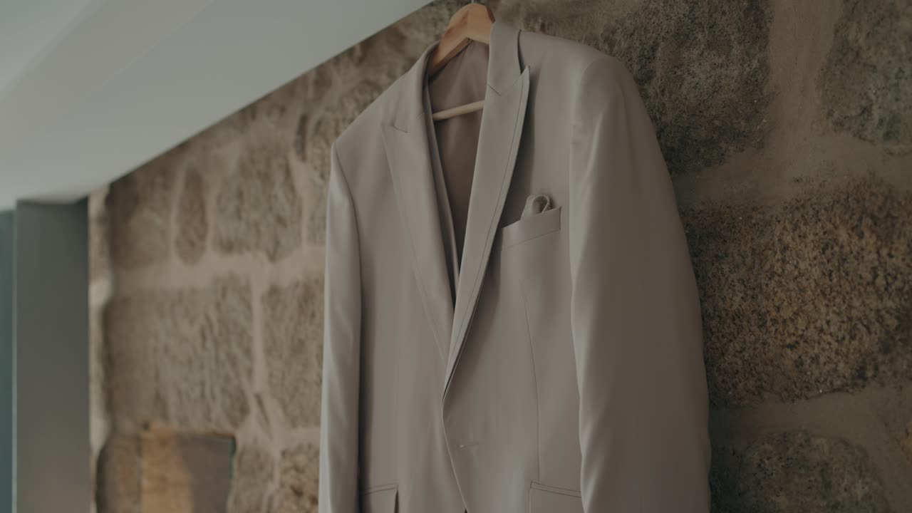 소박한 실내에 옷걸이에 걸린 우아한 베이지색 양복 재킷