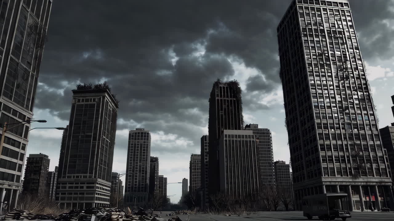 Post-Apocalyptic Cityscape Under Dark Skies