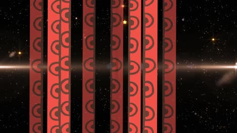 animation of orange patterned strips over moving spotlights and glowing particles, on black