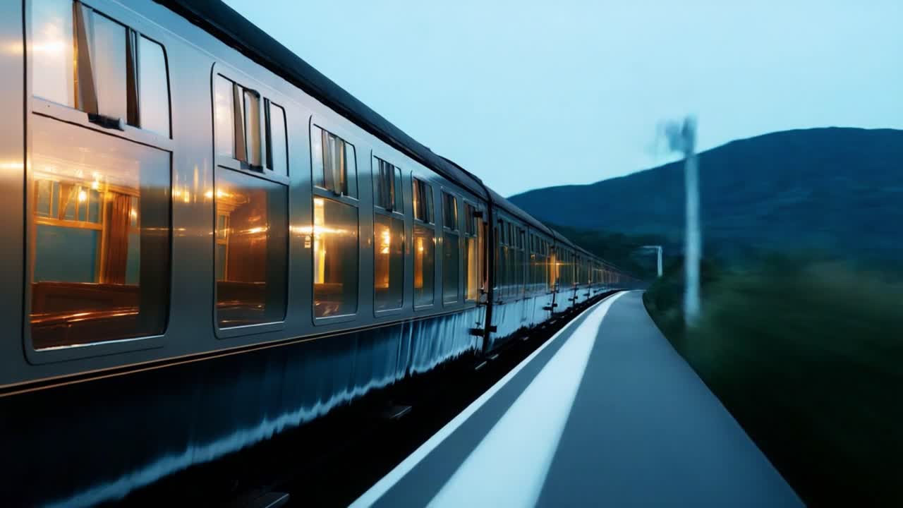 A Scenic Journey Captured: The Elegance of a Train on the Move, Bathed in Twilight's Glow, Meanders Through a Serene Landscape, Evoking a Sense of Adventure and Wonder