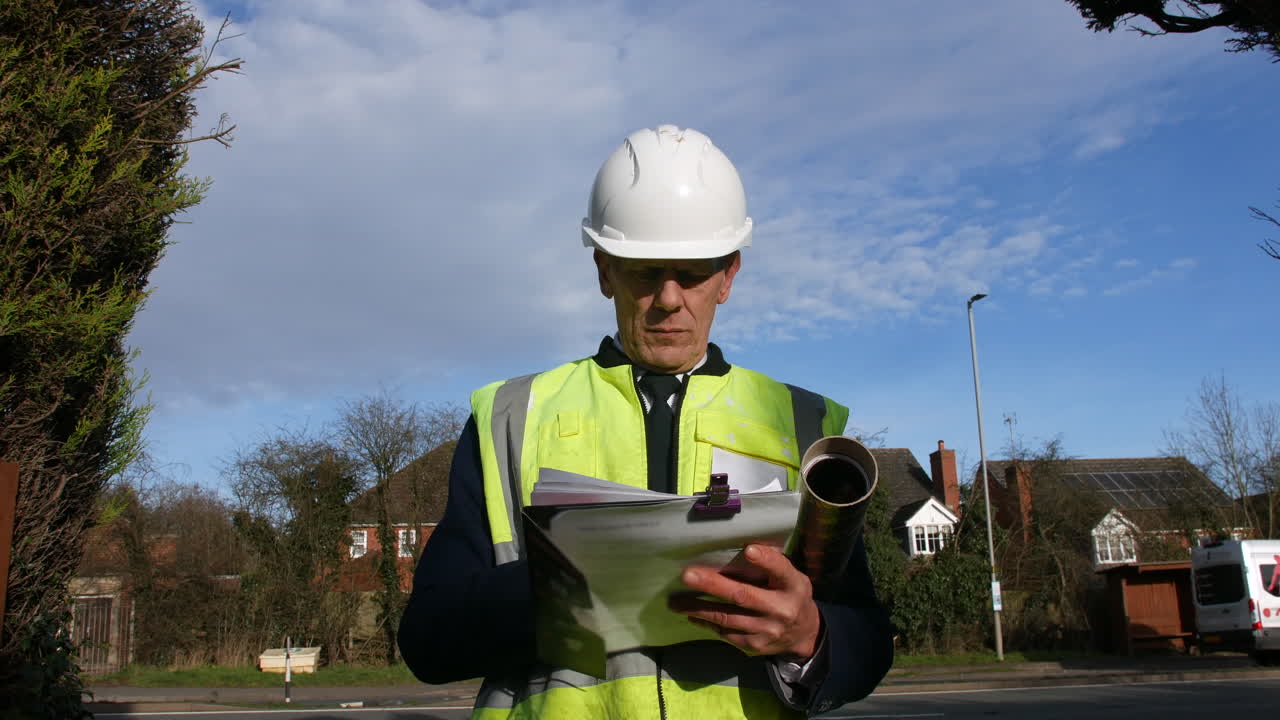 retrato de ángulo bajo de un arquitecto gerente de construcción de edificios sénior en una calle residencial con tráfico y casas mirando el papeleo inspeccionando el edificio