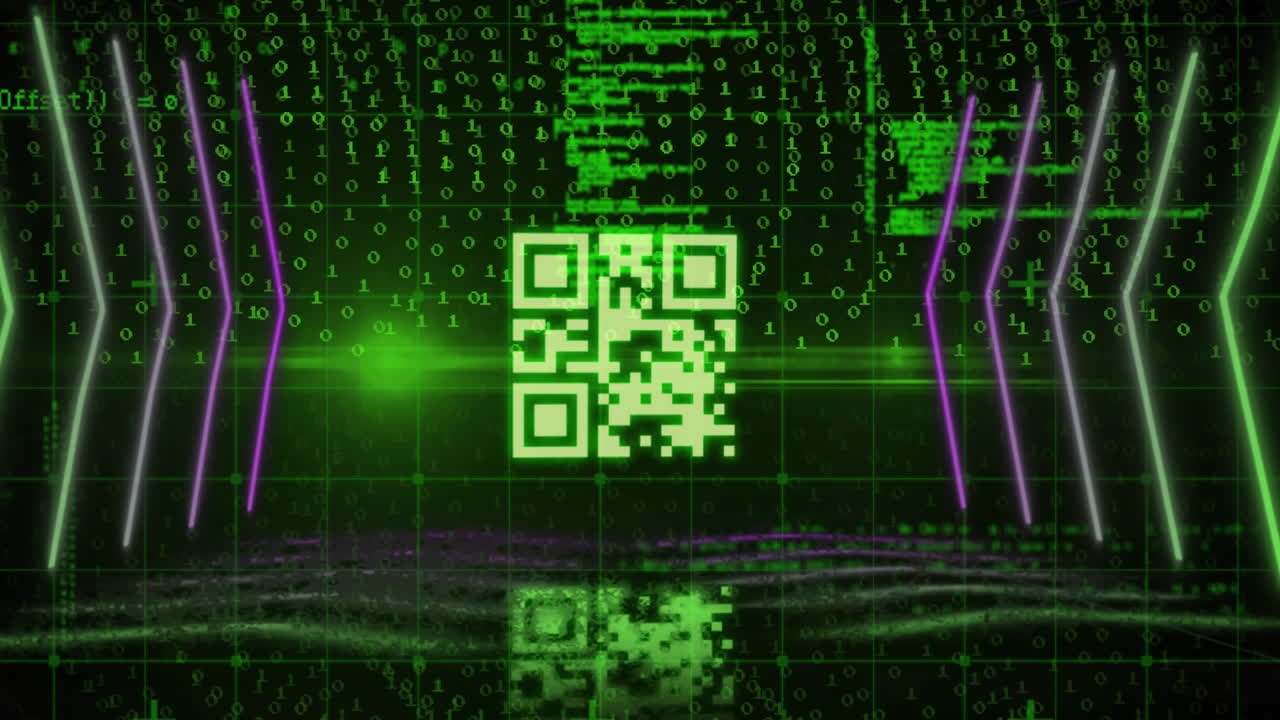 animación del procesamiento de datos y código qr en fondo negro