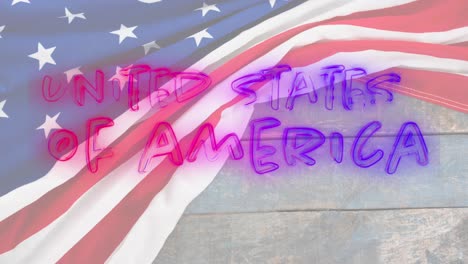 animation of colourful united states of america text over american flag on wood