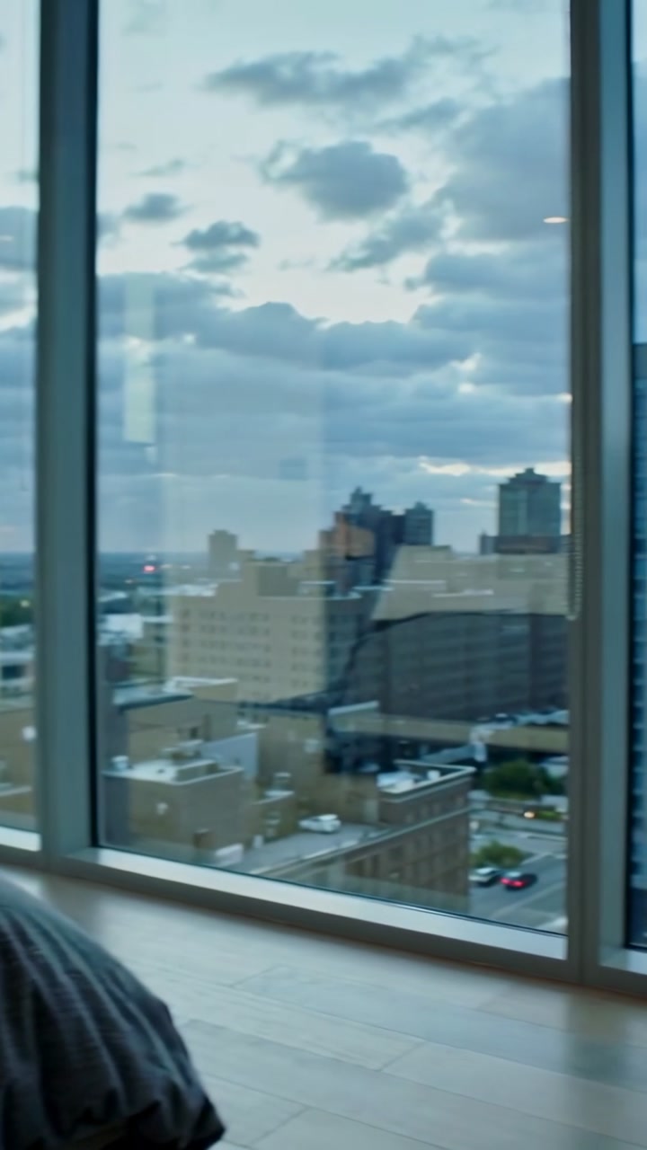 Vertical video: Panning low camera to show glass windows and city avenue at dusk with made bed