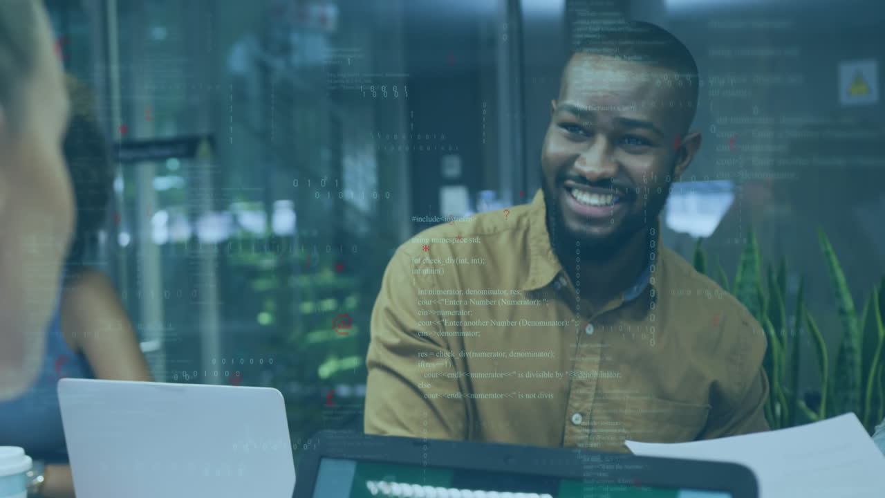 Animation of financial data processing over diverse business people working in office