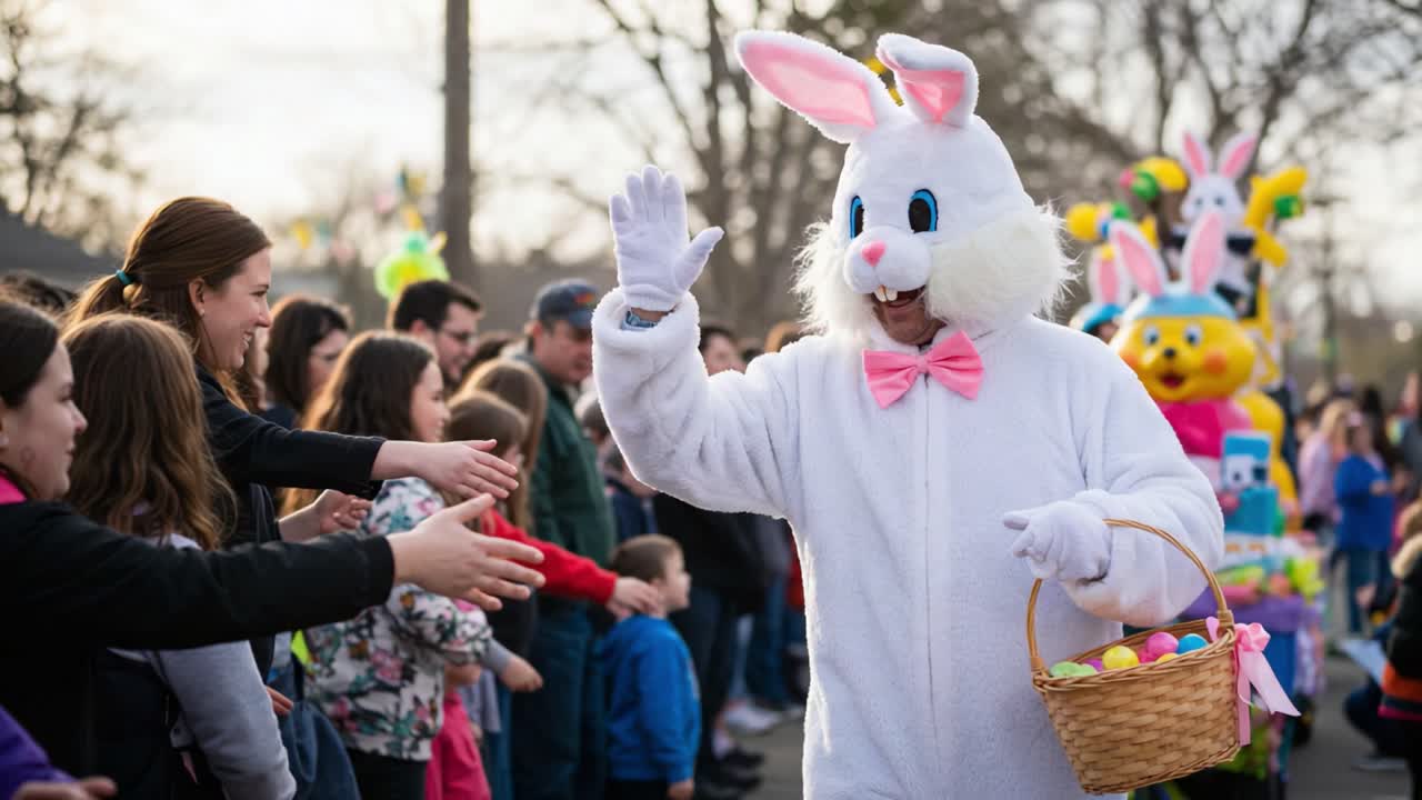 Joyful Easter Celebration Featuring a Cheerful Bunny Costumed Character Interacting with Enthusiastic Children and Families in a Festive Atmosphere