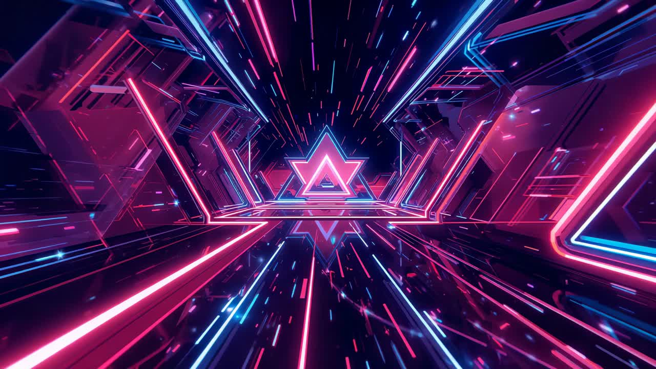 Telecamera in movimento che sfreccia attraverso un corridoio al neon che riflette il pavimento e si avvicina a un portale triangolare luminoso