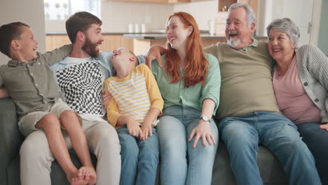 big family, kids and grandparents with sofa