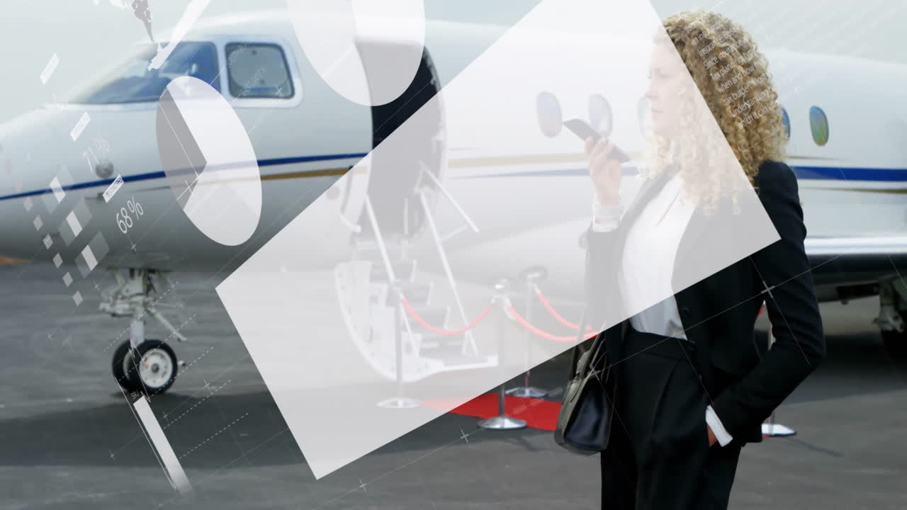 Talking on phone, businesswoman near private jet with animation data graphics