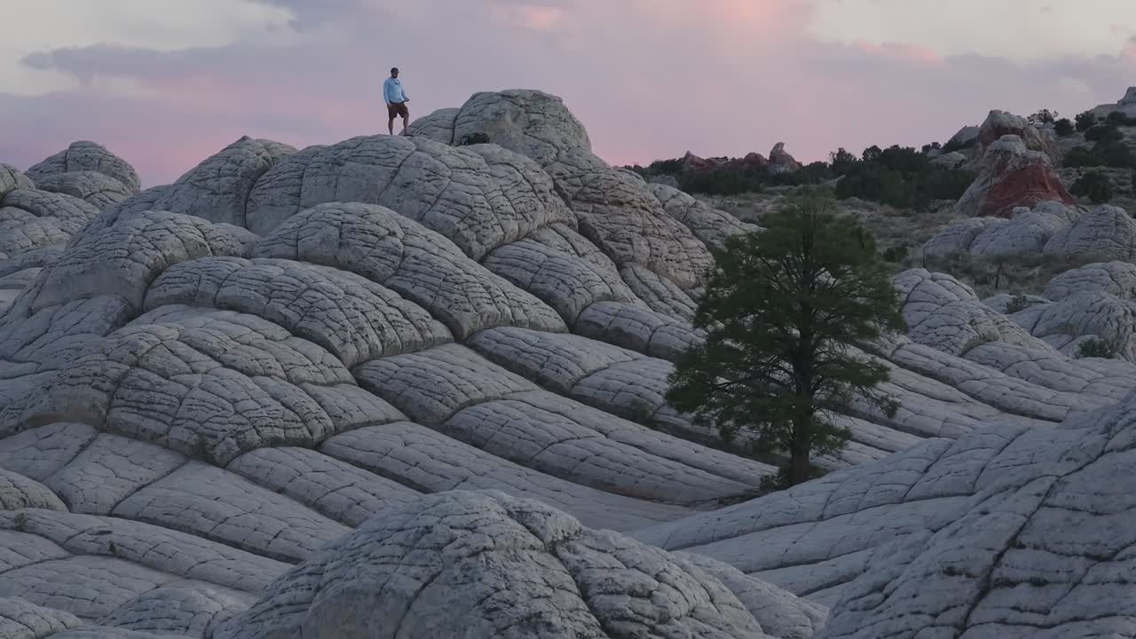 A zoomed-in drone raising altitude to reveal the famous lone tree and a male subject standing on top of the unique sandstone rock features of White Pocket Arizona at sunset with parallax