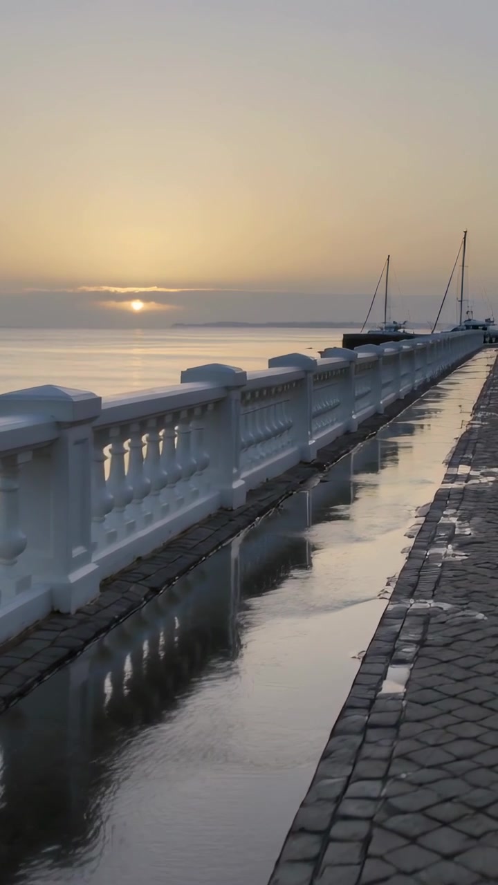 Pystyvideo: Liukuva kamera seuraa valkoista kaidetta ja lätäkköä pitkin rantakatua auringon noustessa.