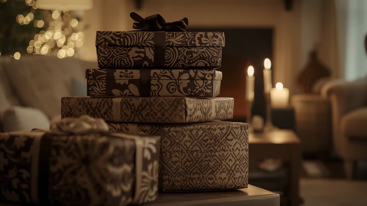 Opening shot showing stack of gift boxes on table in living room, showcasing candles tree lights
