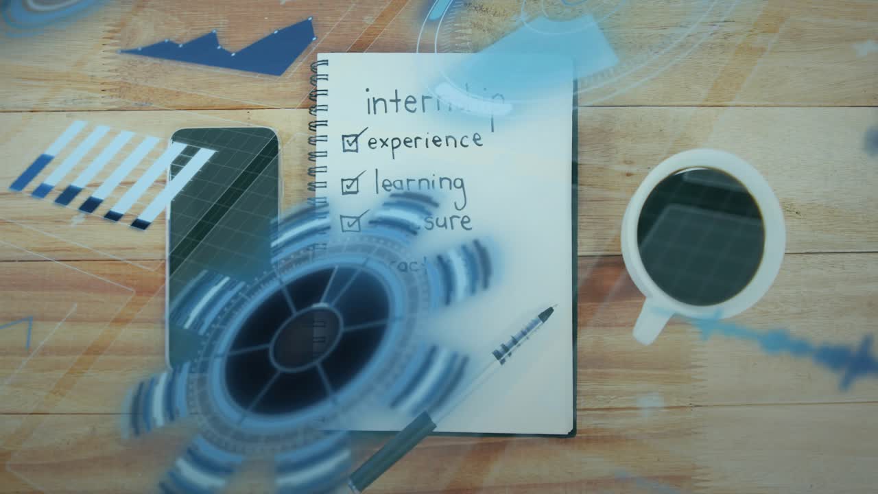 Scanner overlay appearing on smartphone activating chart and map highlighting internship checklist