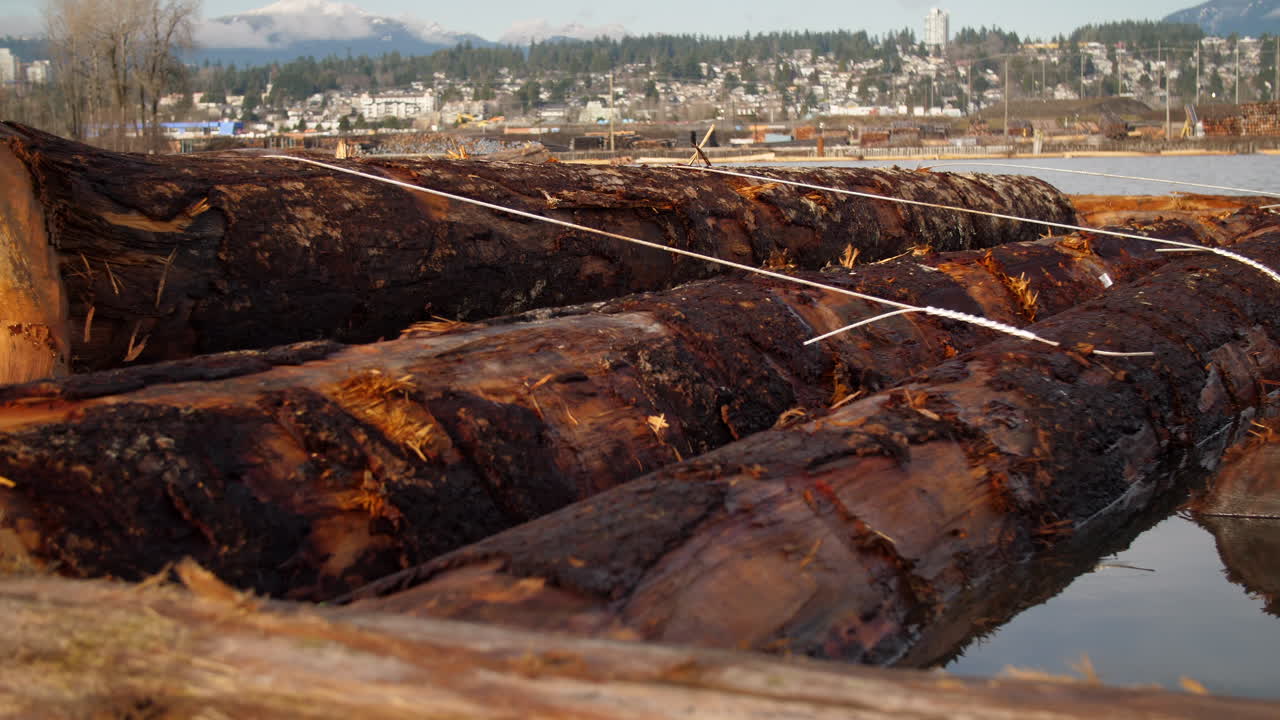 larga toma de madera flotante con la ciudad y las montañas al fondo