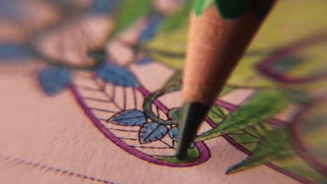 extreme closeup of adult colouring a coloring book with soft tip pencils. stress relieving trend by coloring black and white silhuettes in a color book