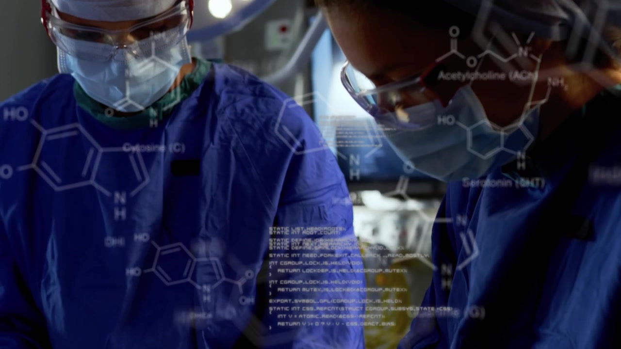 Animation of scientific data processing and chemical structures over surgeons