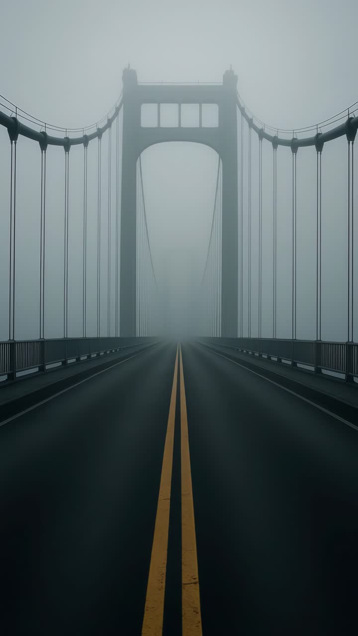 Moody, foggy bridge captured from a low angle, creating a mysterious atmosphere