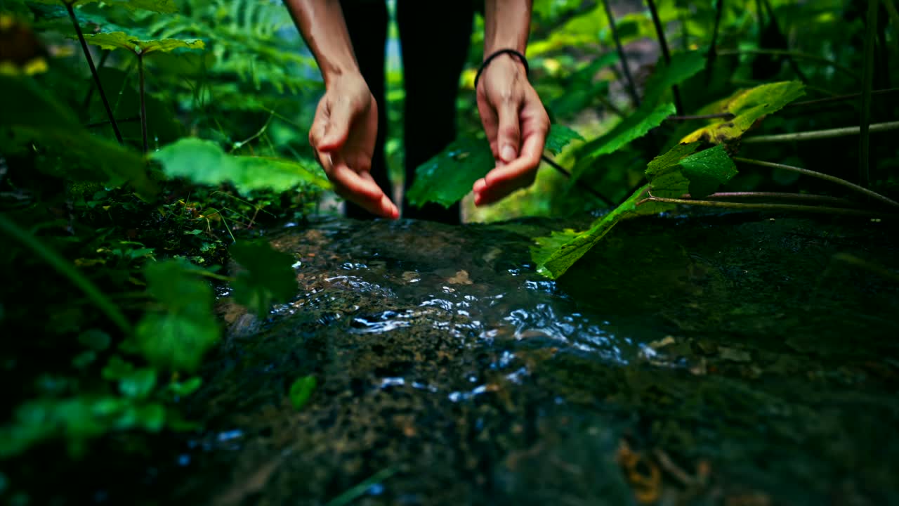 한 사람이 잔잔한 숲 속의 자연스러운 하천에 손을 고 있습니다. 그 주변에는 나무와 울창한 잎자루가 있습니다.