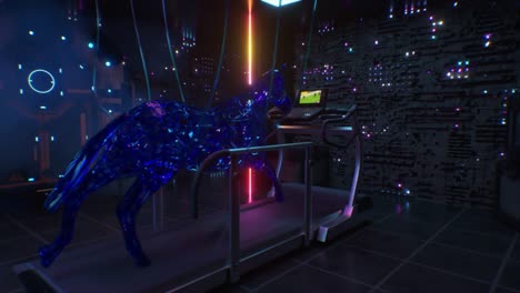 abstracto tren de caballos fluidos fantásticos en una cinta de correr en una sala de tecnología. concepto irrealista de surrealismo y deportes.