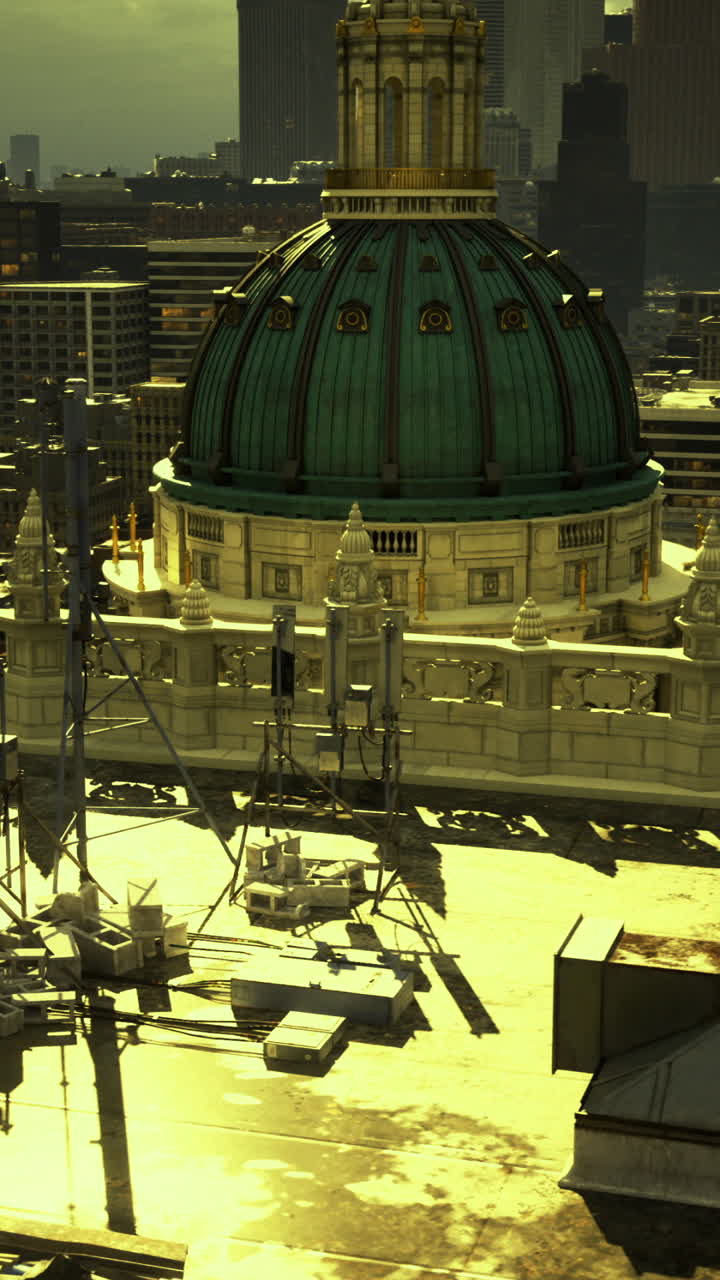 Urban rooftop view with a green dome under a dramatic sky