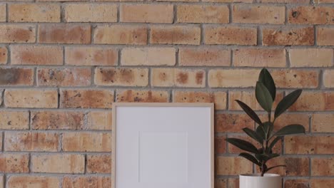 wooden frame with copy space on white background with plant against brick wall