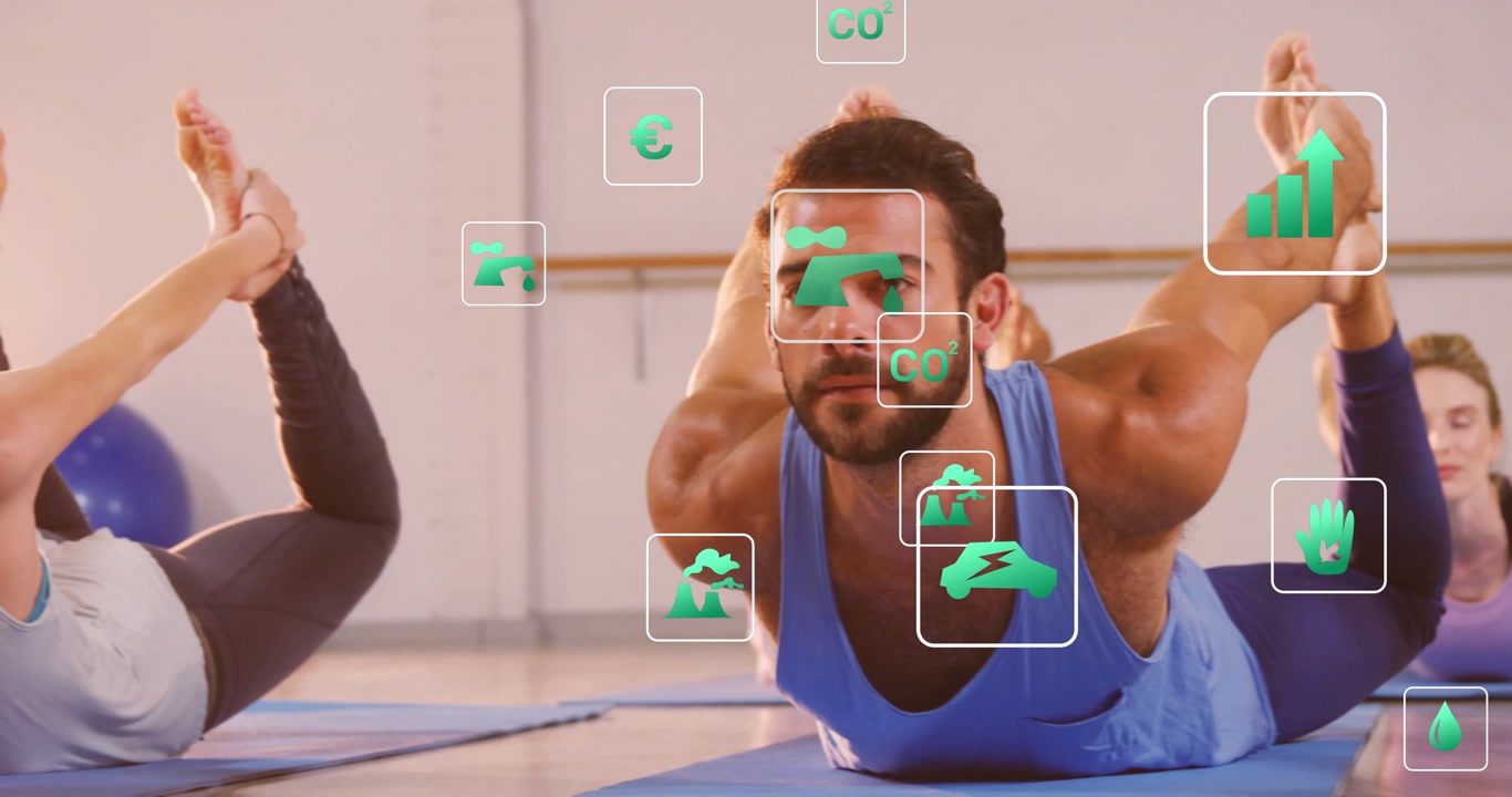 Camera rising revealing yoga trio holding bow pose for class, graphs and CO2 icons overlapping