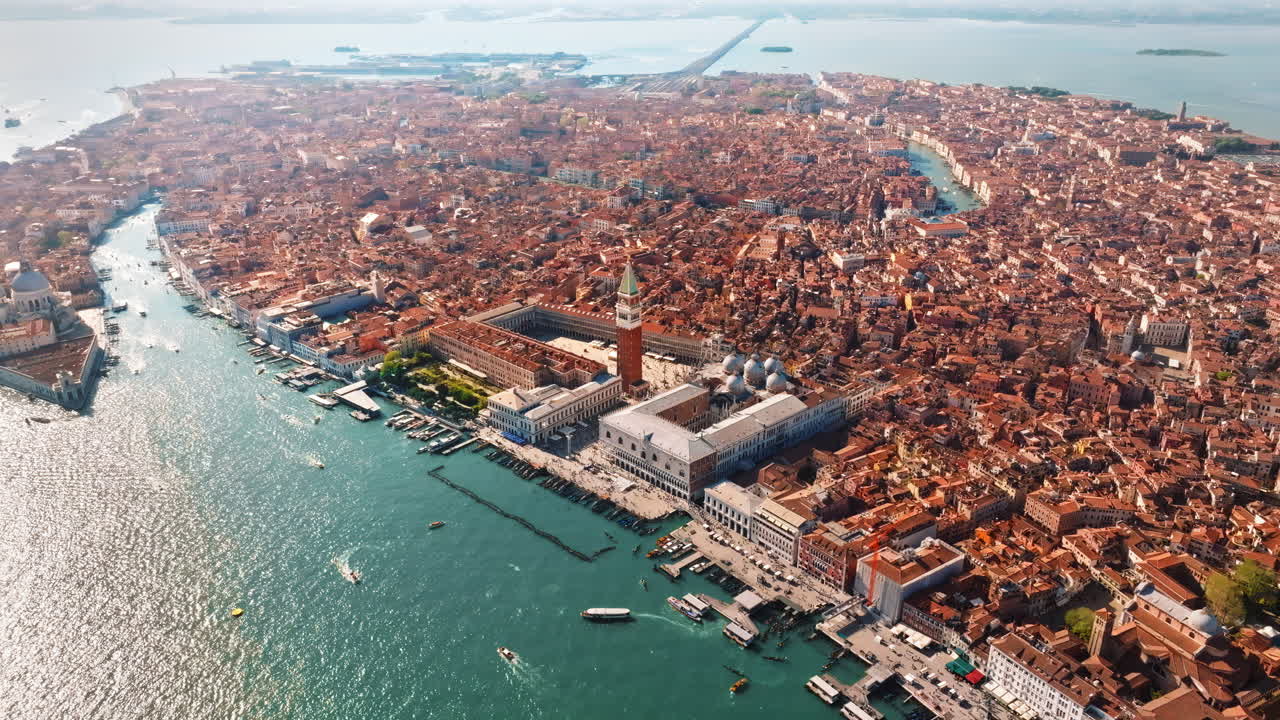 Aerial drone view of Venice City, Italy on a sunny day